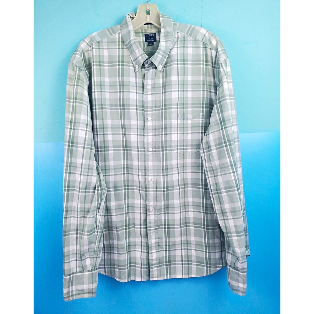J.Crew Mens XL Green White Plaid Button Front Long Sleeve Stretch Woven Shirt